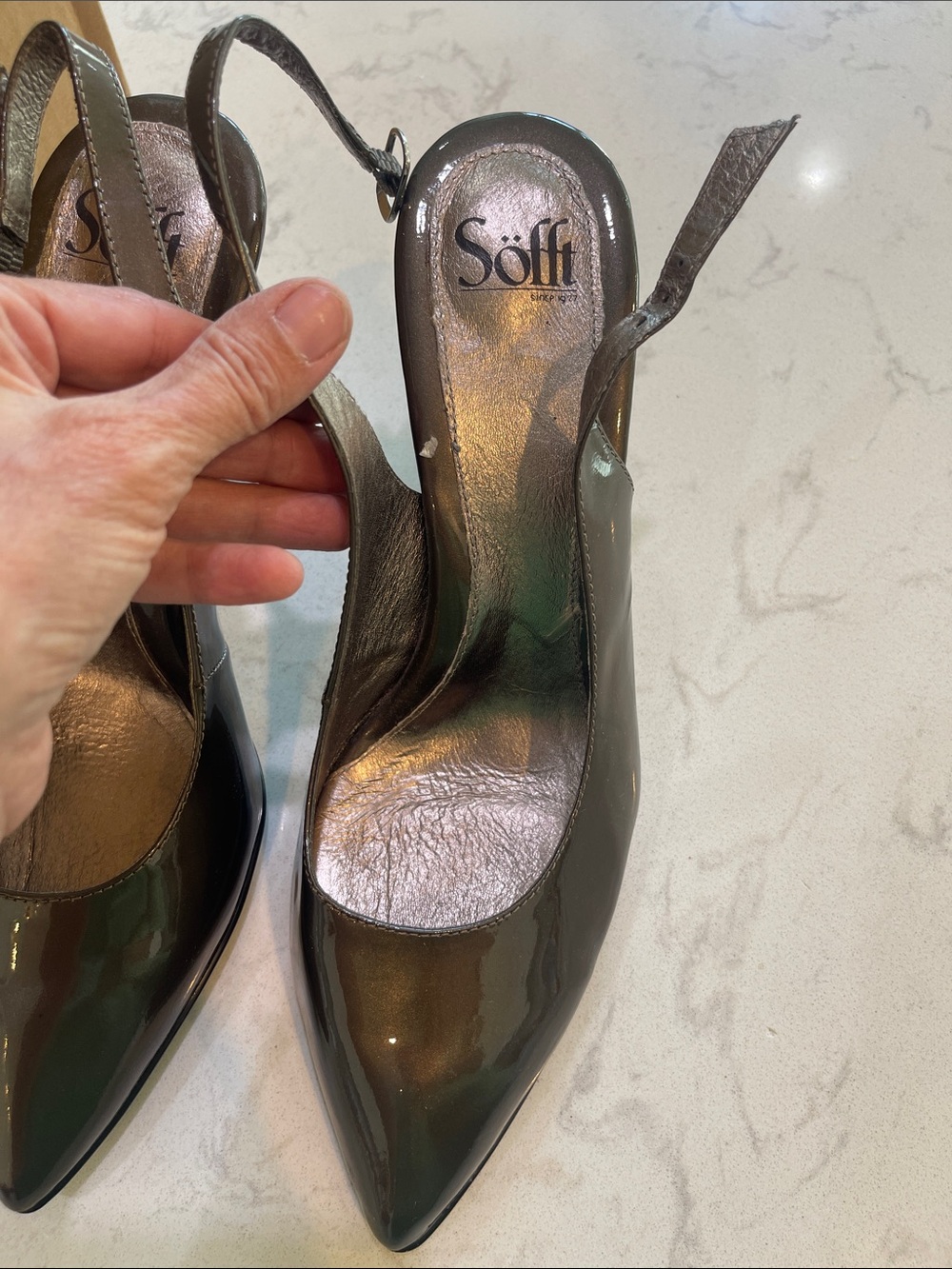 Sofft Womens Metallic Olive Green Patent Leather Slingback Pointed Toe Heels 11M - Picture 5 of 5